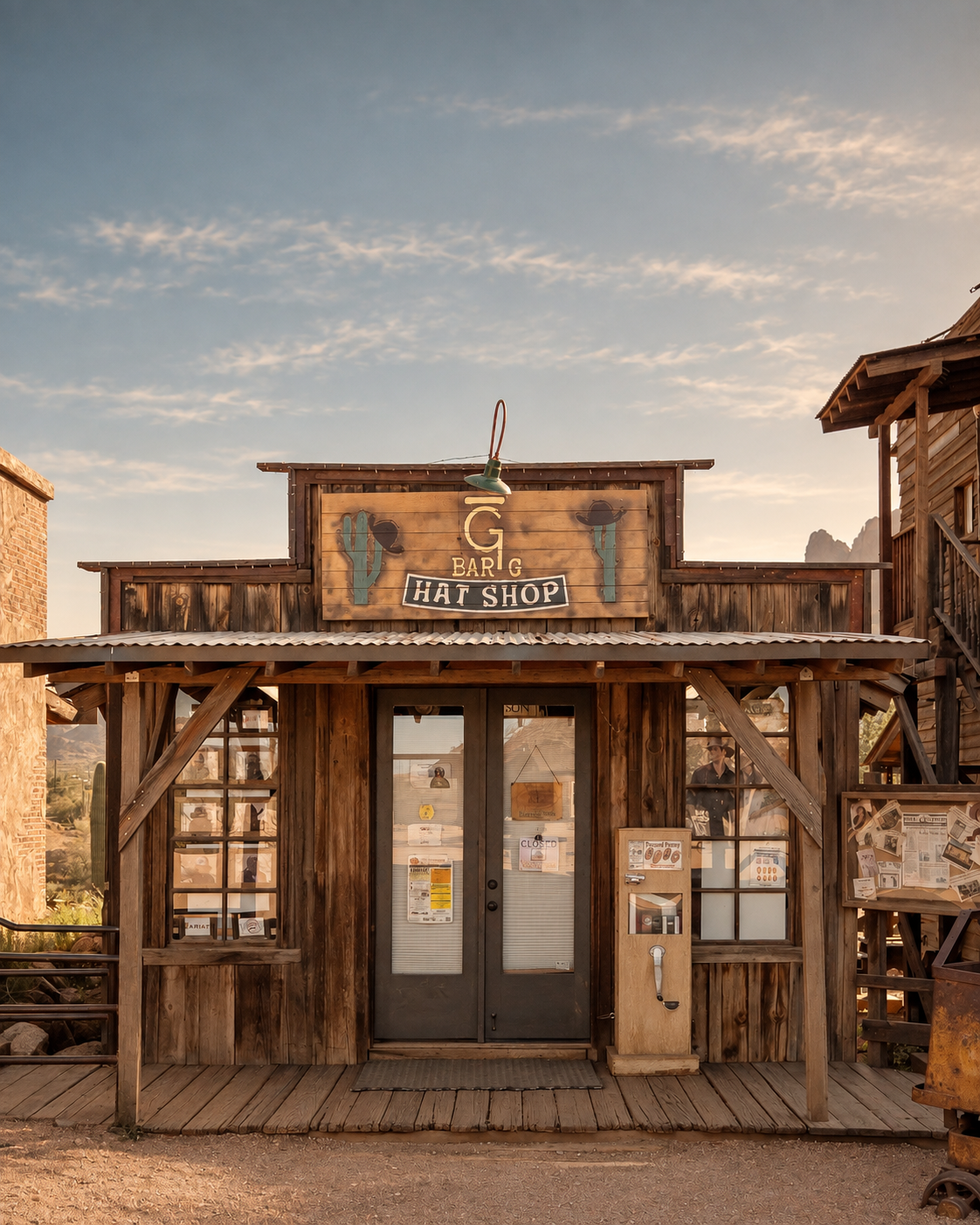Bar G Hat Shop storefront at golden hour — Goldfield Ghost Town
